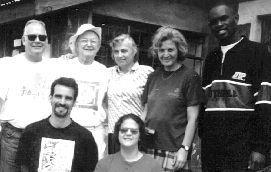 Delegation to the African Great Lakes Region, January 1999. 1st row: Carl Stauffer, Jill Sternbery. 2nd row: David Zarembka, Bill MecMechen, Ute Caspors, Derrick Kayongo. 
    Photo: David Zarembka.