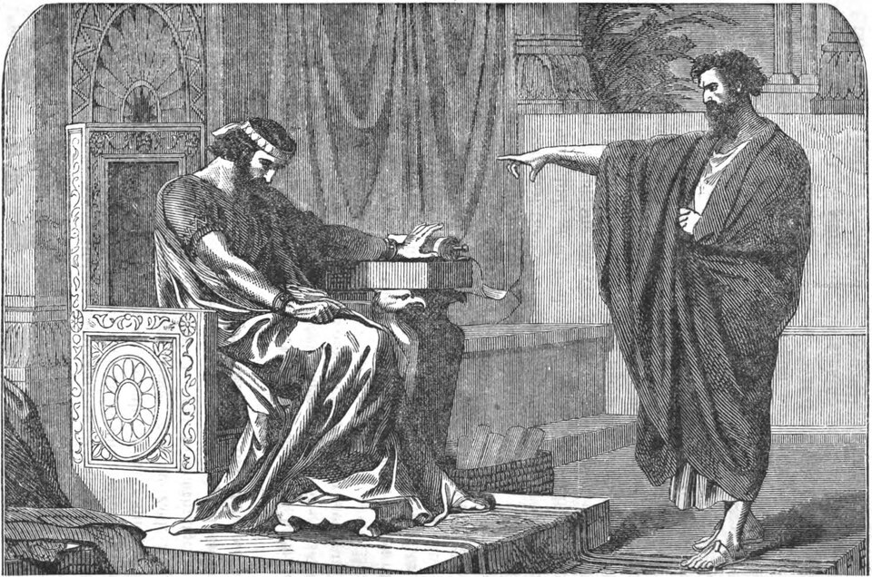 Una imagen de Jeremías, señalando con severidad a un rey que se sienta sombríamente en su trono, con la cabeza inclinada hacia abajo, incapaz de encontrarse con la mirada del profeta. 