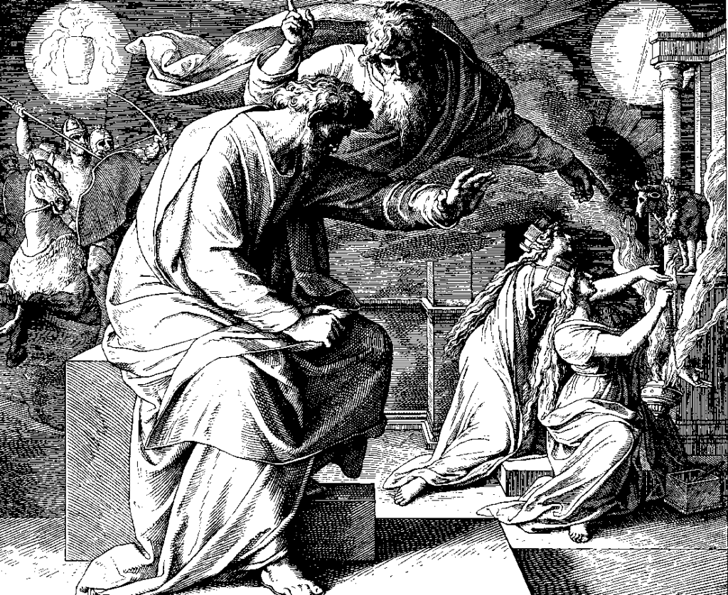 Un grabado en madera que representa al Señor llamando al profeta Jeremías, quien observa con tristeza cómo un par de mujeres hacen sacrificios en el altar de un falso dios. Detrás de él, se acerca un enemigo invasor. 