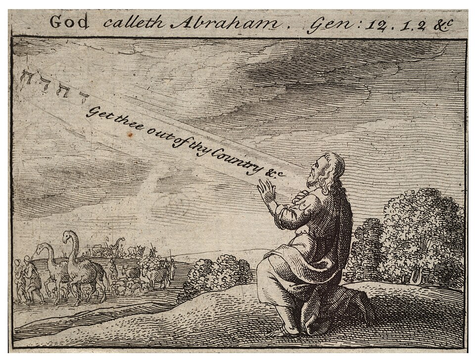 Una impresión de Abraham, arrodillado en medio de un campo, escuchando la voz de Dios, representada por un rayo de luz en el que está escrito "Sal de tu tierra, etc."