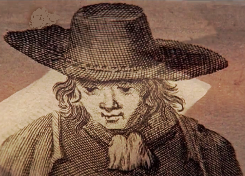 Un dibujo del siglo XVII de John Perrot, un hombre con cabello largo y de color claro, que lleva un sombrero oscuro de ala ancha y mira hacia abajo, tal vez con reverencia.