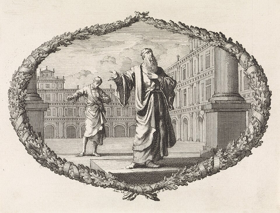 Dentro de un cartucho de ramas de palma, vemos el patio de un gran templo. En primer plano, un anciano con una túnica elegante ora a Dios sin humildad. De pie, muy detrás de él, un hombre más joven con una túnica sencilla mira al pavimento.  