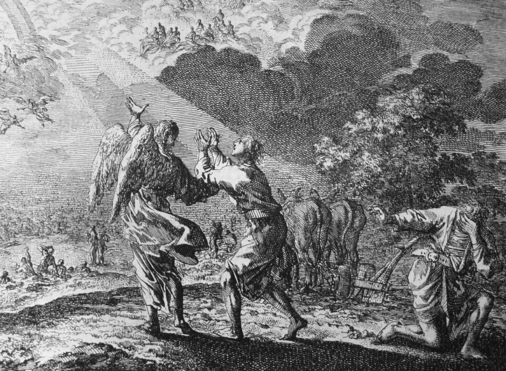An etching depicts an angel pulling aside one of two men in a field, preparing to take him to heaven. The man left behind kneels and holds his head in his hand, presumably weeping.