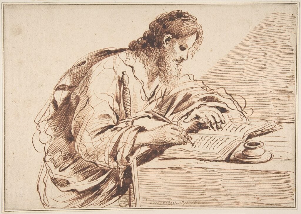 An ink drawing of St Paul, writing in a book with a feather dipped in ink from a vessel on the table. He has a sword, pointed down toward the ground, leaning against his chest, the hilt resting at the base of his shoulder.