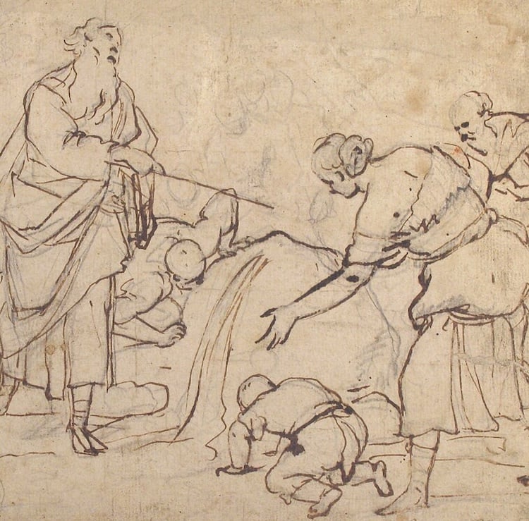 Un dibujo a tinta de Moisés, un anciano barbudo, que acaba de golpear una roca con un bastón. Hombres, mujeres y niños se reúnen asombrados mientras observan el agua que fluye de la roca. Se pueden ver, tenuemente, algunas opciones de composición alternativas que el artista dibujó con tiza pero que no eligió para su versión final.  