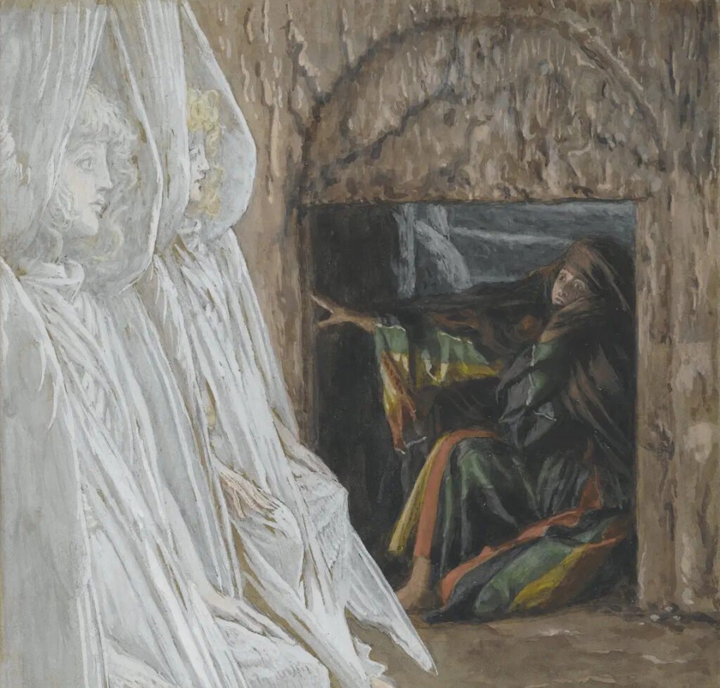 A painting of Mary Magdalene at the door to Jesus's tomb, where two figures, dressed all in white, stand facing her. She is shocked and frightened, nearly collapsing to the floor.