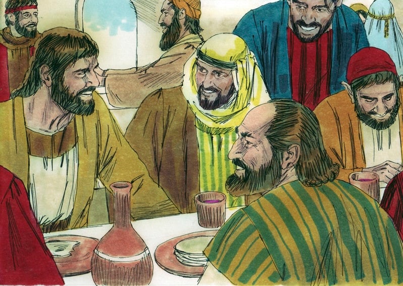 A color illustration of a group of Christian men in first-century Judaea gathering together around a table for a friendly meal. They are all smiling as they engage one another in conversation.