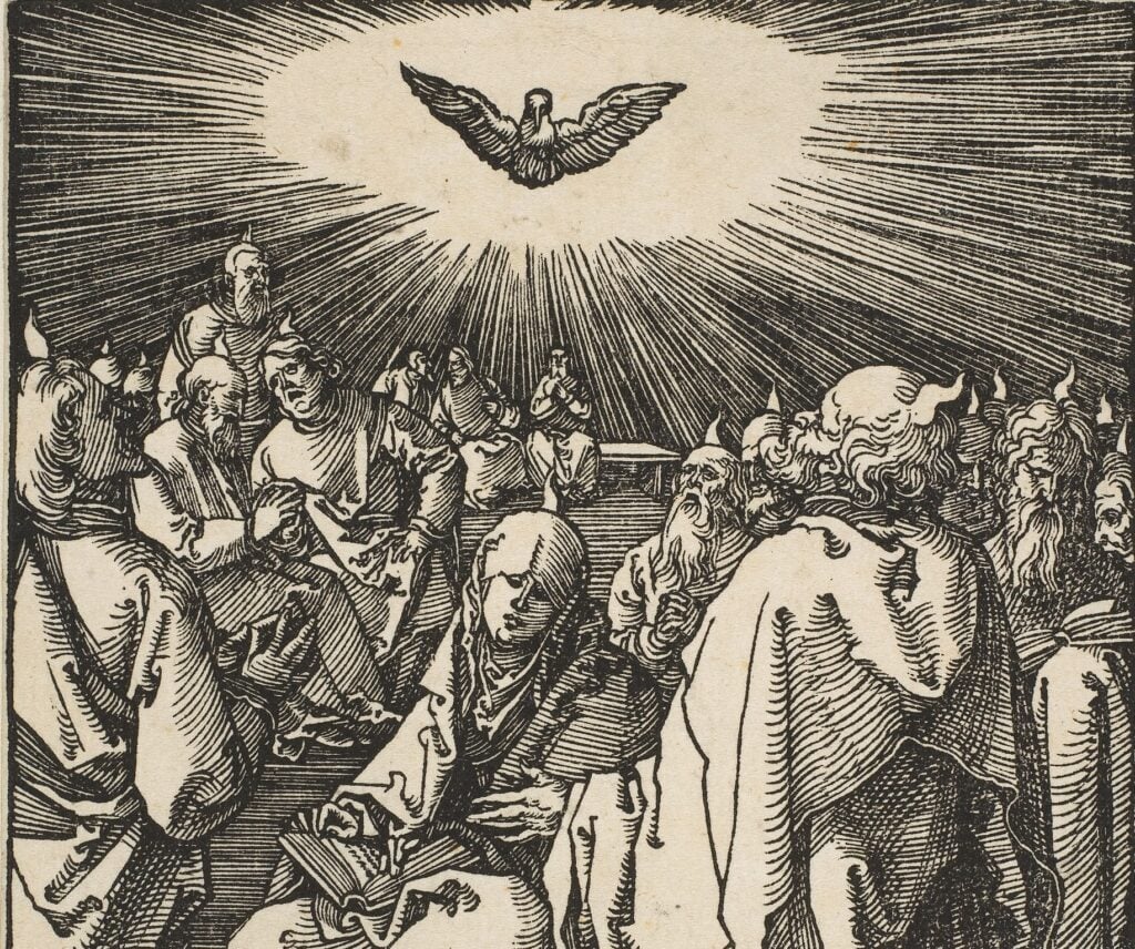 A woodcut illustration of the Holy Spirit, in the form of a great white bird, shining its light upon a crowd of men and women, represented by little flames at the crown of their heads.