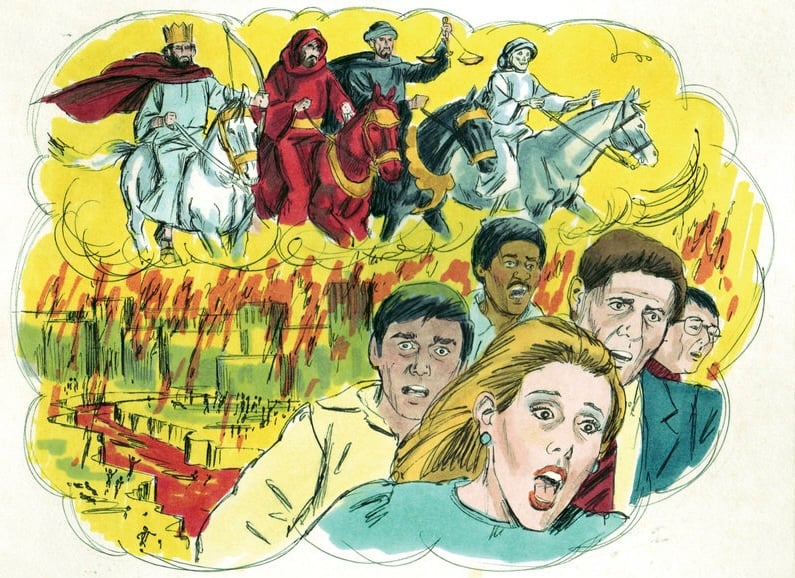 A drawing of the four horsemen of the Apocalypse (from Chapter Six of the Book of Revelation) looming over a burning city next to a blood-red river. An ethnically diverse group of men and women are fleeing from them, fear writ large on their faces.