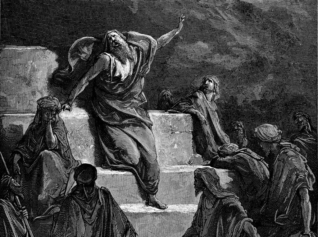 Un grabado de Jeremías, de pie sobre un muro escalonado, gritando, rodeado de gente que escucha con aire sombrío, angustiada por lo que él les cuenta.