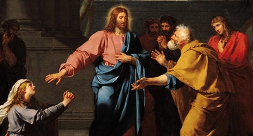 An oil painting of Jesus, warding off a woman who is kneeling at his side by extending his arm as if to push her away. On his left side, some of the disciples are trying to speak with him, but he isn't meeting their gaze, either.