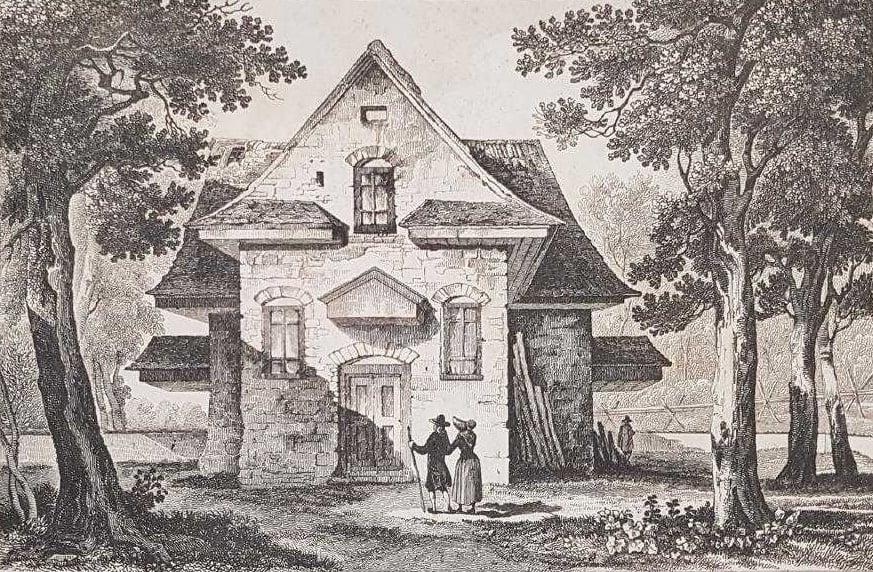 An engraving of a Quaker meetinghouse in Philadelphia, a man and woman standing in the spacious yard in front of its entrance. The building is flanked by trees on both sides.