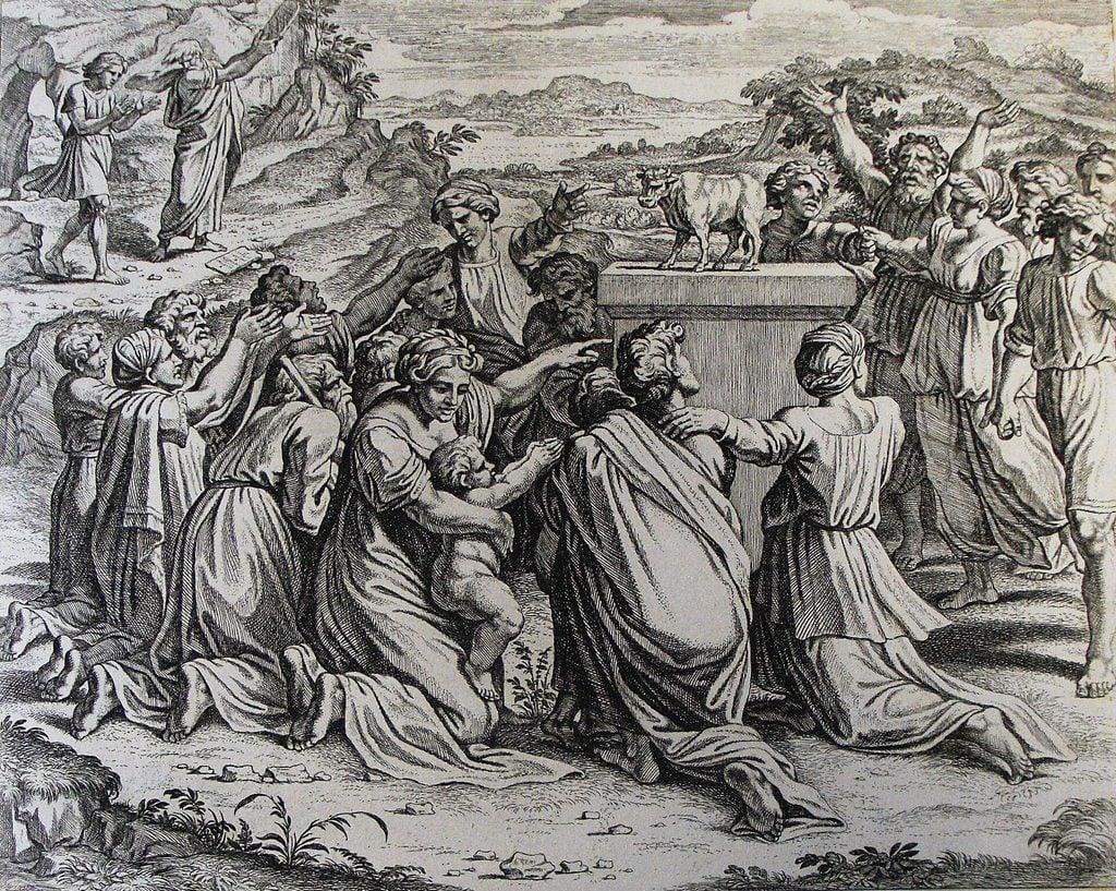 A print depicting a crowd of people gathered around a small statue of a bull on a pedestal, kneeling before it and offering it praises. In the background, Moses is coming down from Mount Sinai, holding aloft the tablets bearing the Ten Commandments. Someone is walking beside him, and appears to be pleading for mercy toward the idolaters.